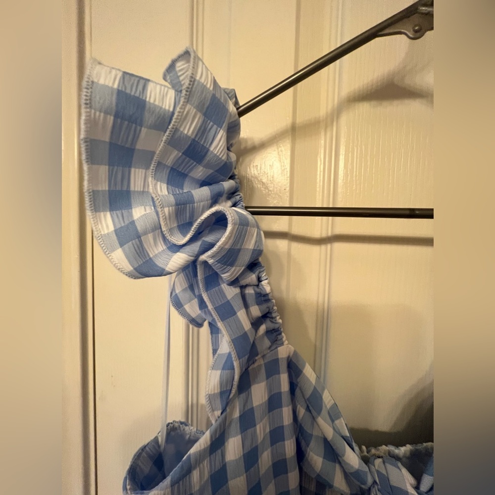 Mable size medium blue gingham, cutout mini dress with ruffles. - Picture 6 of 12